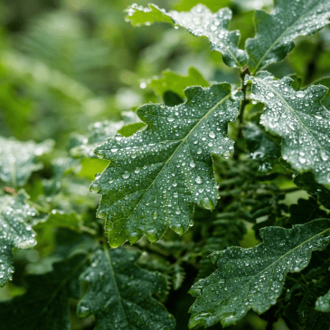Green oak leaves with numerous water droplets on the surface